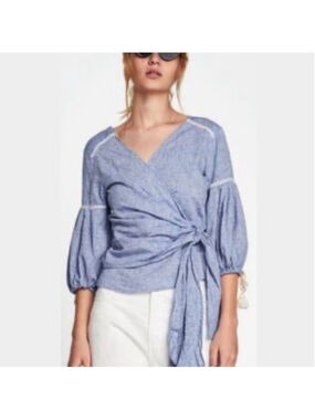 Zara Wrap Blouse Top White Tassels Blue Women’s Medium Boho Festival Cottagecore